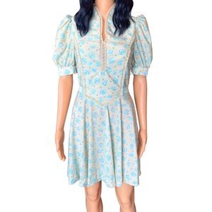 Vintage Cream Blue Floral Deep V Puff Sleeve Lace Mini Skater Dress Size Small